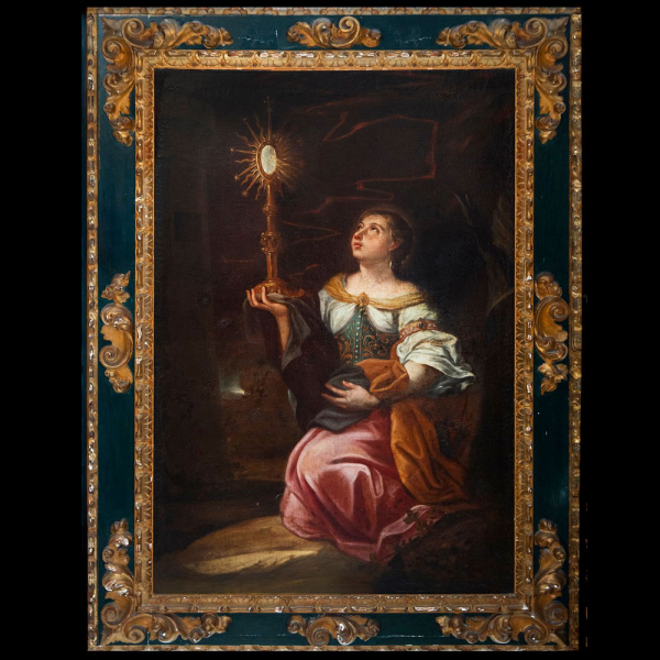 ATRIBUIDO A FRANCISCO PACHECO (Sanlúcar de Barrameda, 1564 - Sevilla, 1644) - Excepcional Santa Bárbara con marco Barroco de la misma época, siglo XVII