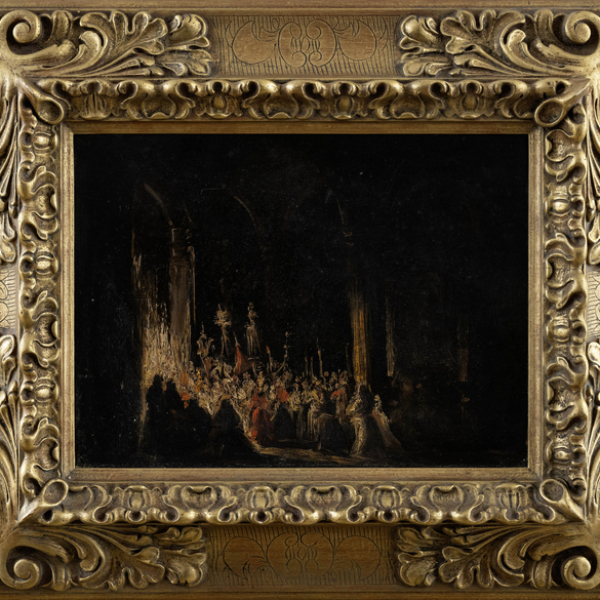 "Procesión".  Atribuido a Eugenio Lucas Velázquez (Madrid, 1817-1970).   Técnica: Óleo/Tabla