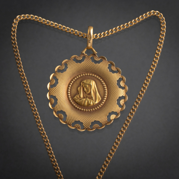 Cadena y colgante de medalla circular de la Virgen en oro amarillo de 18kt