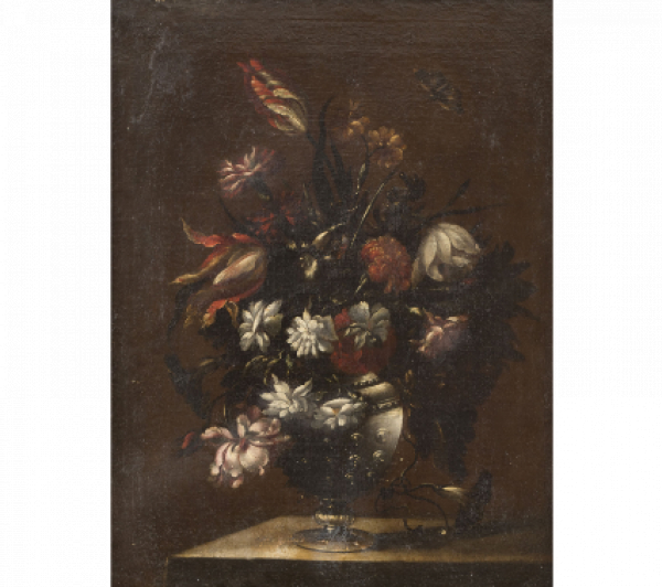 DIEGO VALENTÍN DÍAZ (Valladolid,1586-1660) Rosas, peonías,... y otras flores en un jarrón de cristal... Óleo sobre lienzo