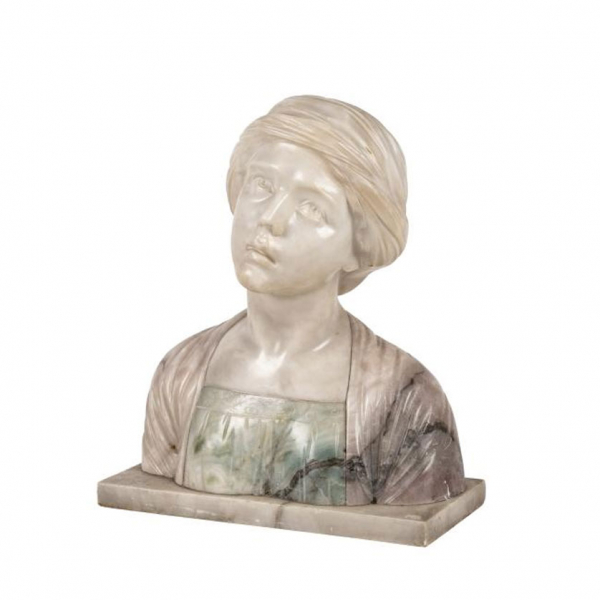 Escuela Italiana S. XIX   &quot;Busto femenino&quot;. Busto femenino en alabastro y alabastro de Volterra tallado y pulido.