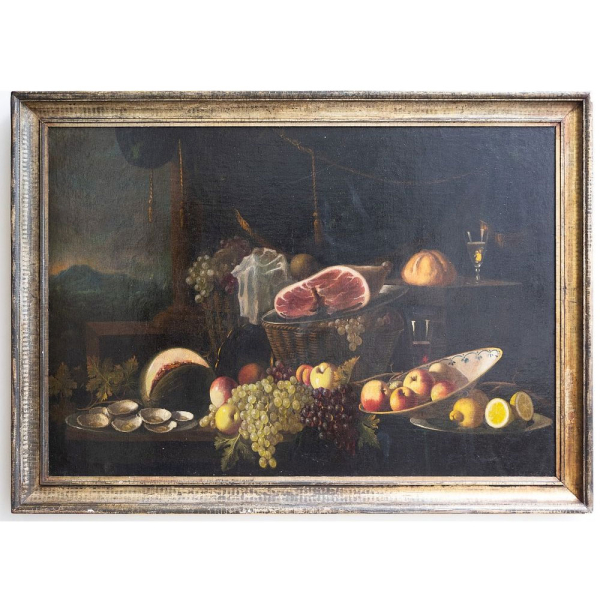 Andrea Benedetti (¿Parma o Módena?, c. 1615 – c. 1660) Atribuido "Naturaleza muerta con carne, limón y uvas".  Óleo sobre lienzo.