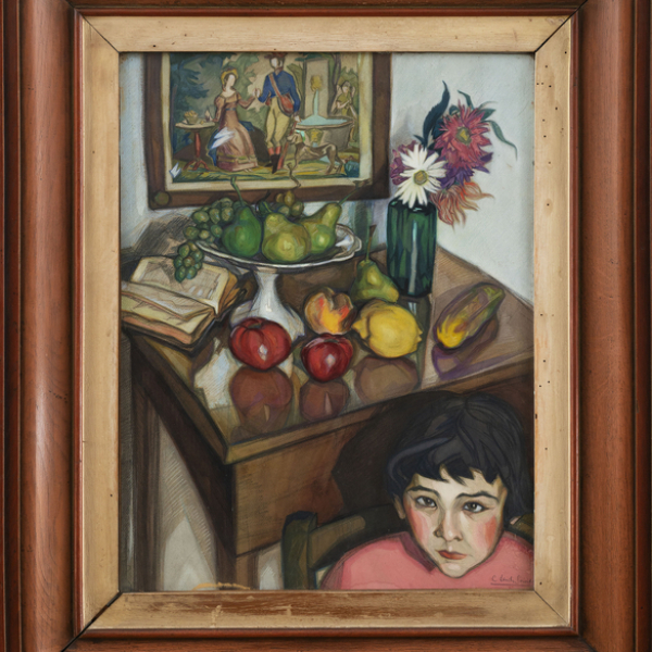 "Bodegón de frutas y flores con niña"  CARLOS LANDI SORONDO (Tolosa, 1896 - San Sebastián, 1974) 