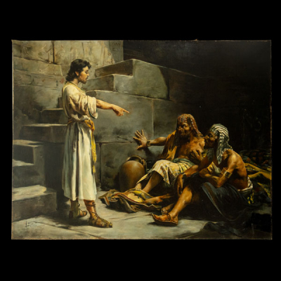 Moisés Predicando a los Esclavos de Egipto, ANTONI FABRÉS (1854-1938), firmado ángulo inferior izquierdo, Escuela Orientalista del siglo XIX.