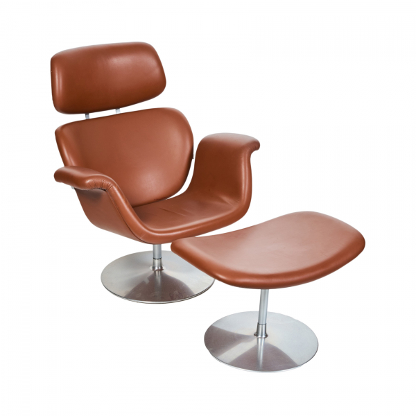 Pierre Paulin (París, 1927- Montpellier, 2009) para la manufactura Artifort.  Sillón con otomana modelo «Artifort Big Tulip» en piel anilina 