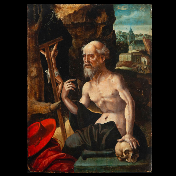 Muy Importante San Jerónimo Penitente sobre tabla - Manera de Joos Van Cleeve (Cléveris, c. 1485 - Amberes, 1540 o 1541), escuela flamenca del siglo XVI
