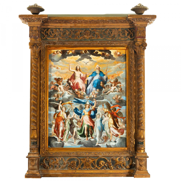 "Arcángel San Miguel Rodeado de Ángeles frente a Dios Padre, Jesucristo y el Espíritu Santo" a la manera de Bernardo Bitti, posiblemente Escuela Colonial Peruana, siglo XVII.  