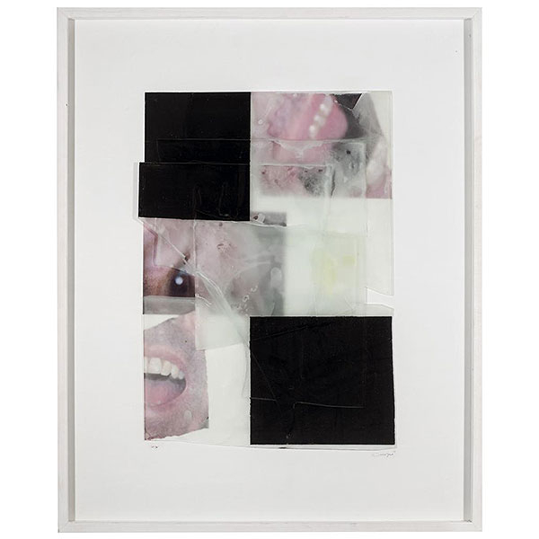 Rafael Canogar.   "Arma (2002)". Construcción en cristal, óleo, collage de fotografía y parafina sobre tabla  Fechado y firmado