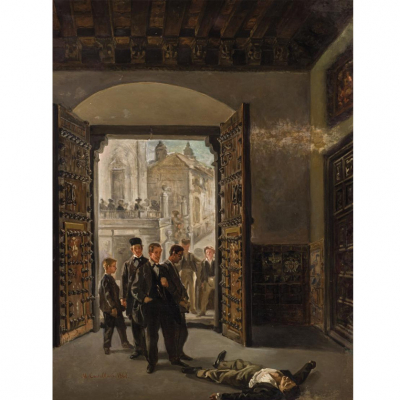 Manuel Castellano.   &quot;Muerte del Conde de Villamediana&quot;. Óleo sobre lienzo. Firmado y fechado (1867) 