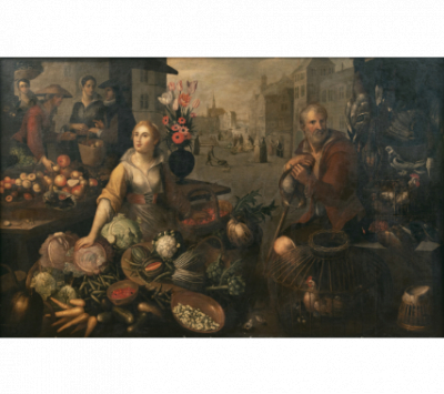 JEAN BAPTISTE DE SAIVE I (Namur, c.1540- Mechlin) y JEAN BAPTISTE DE SAIVE II (Mechlin,1597-1641) Escena de mercado con figuras, frutas, verduras y aves