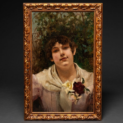 &quot;Mujer con flores&quot; Autoría: Juan Aldaz y Sánchez-Escuela Española , Siglo XIX