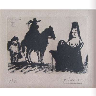 Pablo Picasso "Caballero y su sirviente, Celestina y maja". Suite 347. 1968. Grabado al aguatinta