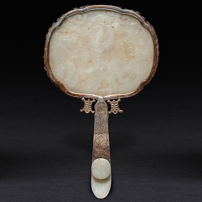 Espejo de tocador Chino realizado en plata y Jade verde siglo XIX