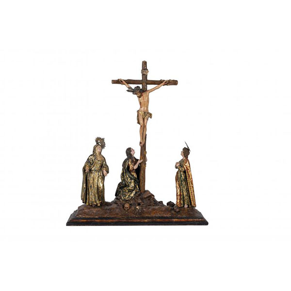ESCUELA COLONIAL S. XVIII "Calvario". Calvario en madera tallada, policromada y dorada.