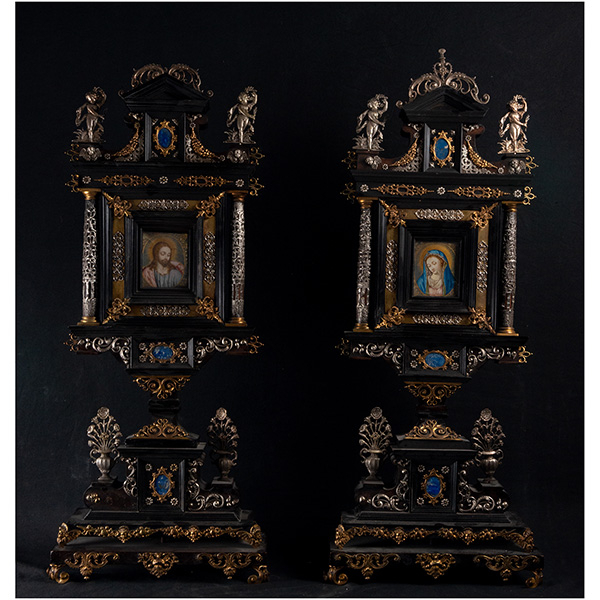 Magnífica Pareja de Grandes Relicarios italianos en marquetería trabajo barroco Romano o Florentino del siglo XVIII -XIX