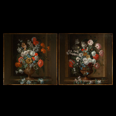 Grande y Excepcional Pareja de Bodegones de Flores italianos, maestro Napolitano o Romano del siglo XVII.   Pareja de óleos sobre lienzo
