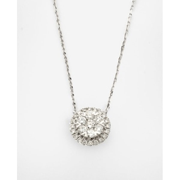 Cadena y colgante en oro blanco en forma de flor con diamante talla brillante central y orla de 6 diamantes talla brillante