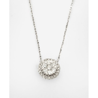 Cadena y colgante en oro blanco en forma de flor con diamante talla brillante central y orla de 6 diamantes talla brillante
