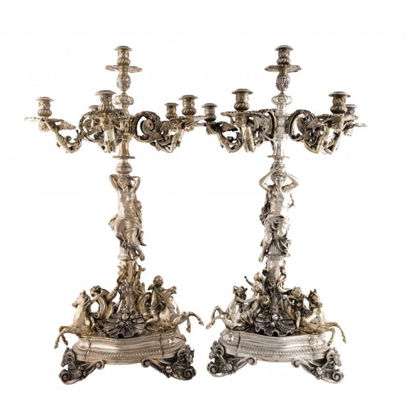 Pareja de candelabros plata de seis luces S. XX