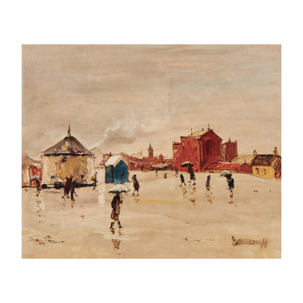 Rafael Durancamps Folguera (Sabadell, Barcelona, 1891-Barcelona, 1979) Día lluvioso. Óleo sobre tela. Firmado.