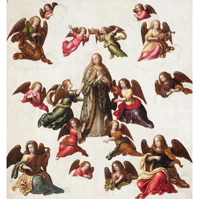 Escuela flamenca S. XVI.  &quot;Virgen rodeada por ángeles&quot;.
