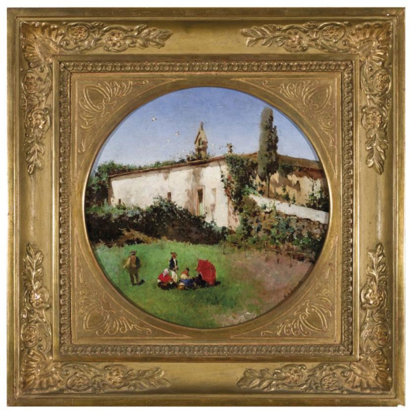 Aureliano de Beruete. "Casa campesina con figuras (c. 1881)". Óleo sobre lienzo. Firmado en la parte inferior.