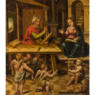 Escuela Española S. XVI-XVII.  &quot;Sagrada Familia en el taller de San José&quot;. Óleo sobre tabla.