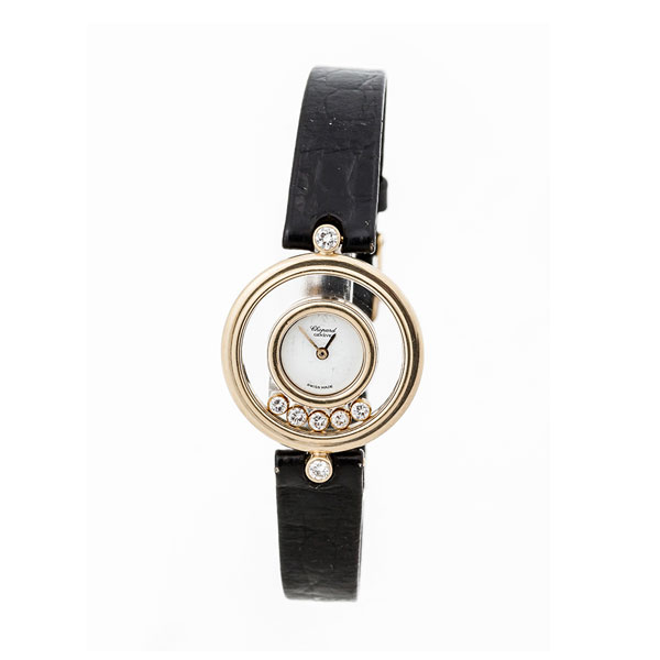 Reloj joya suizo, CHOPARD Geneve, mod. 'Happy Diamonds' ref. 20/4055 en oro amarillo 24 mm, con doble cristal y 7 diamantes talla brillante