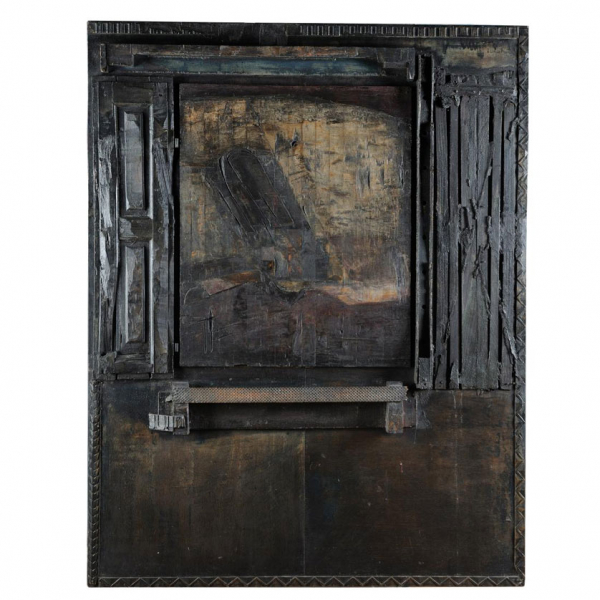 Lucio Mu&ntilde;oz. "Habiaci&oacute;n paisaje (1964)". &Oacute;leo y construcci&oacute;n en madera sobre tabla. Firmada en el &aacute;ngulo superior derecho.