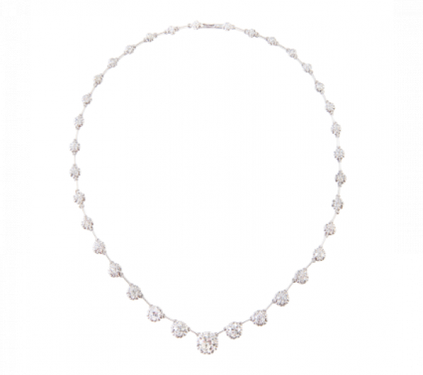 Collar riviere de 35 brillantes de tamaño creciente hacia el centro.  En oro blanco de 18K.