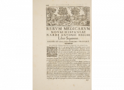 FRANCISCO HERNANDEZ (Puebla de Montalbán, Toledo, ca.1515 - Madrid, 1587)  Rerum Medicarum Novase Hispaniae Thesaurus; Historiae Animalium et Mineralium Novae Hispaniae Liber Unicus .  Editado por Nardo Antinio de Recchi, con notas de Giovanni Terrentio, Johannes Faber, Fabio Colonna y Federico Cesi.  Roma, V. Mascardi, 1651. 
