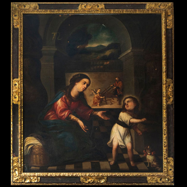 Sagrada Familia con Muy Importante Marco Barroco Antiguo Español del siglo XVII, atribuído a MATIAS DE ARTEAGA (Villanueva de los Infantes, Ciudad Real 1633 - Sevilla 1703)