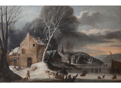 ABRAHAM BEERSTRATEN (1643-1665)  Paisaje nevado con patinadores en un lago congelado 