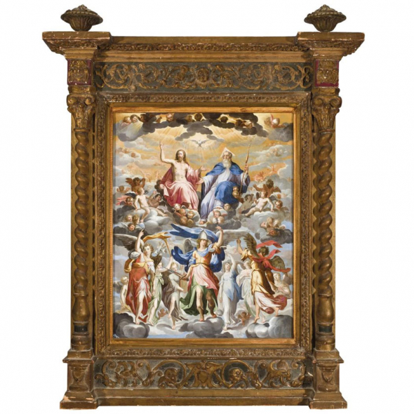 Escuela Valenciana S. XVIII.   "Santísima Trinidad con Corte Celestial". Óleo sobre cobre.