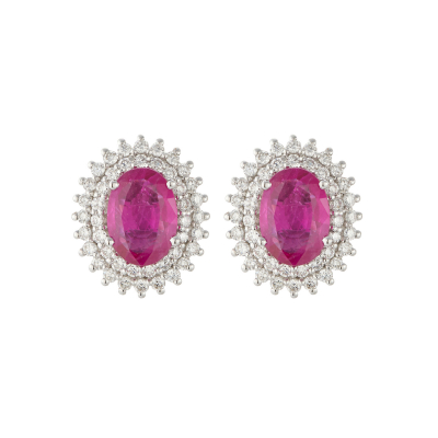 Pendientes rosetón en oro blanco con rubí de Myanmar ( Burma-Mogok ) y doble orla de diamantes talla brillante engastados en garras.