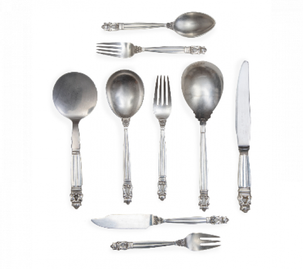 Georg Jensen (1866-1935). Cuberter&iacute;a de plata Sterling, ley 925 modelo Acron. Con marcas. Copenhague, Dinamarca, periodo de 1930 a 1945.