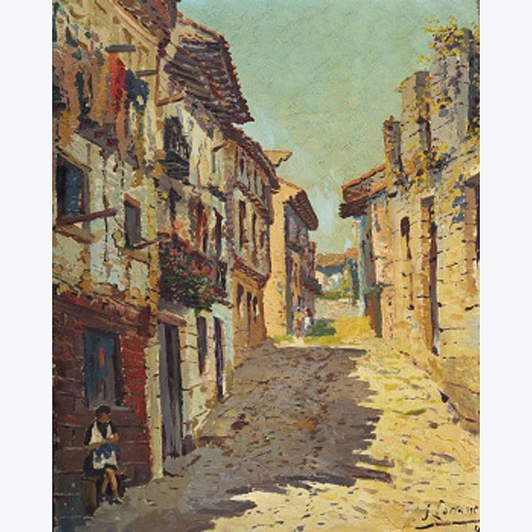 JUAN LARRAMENDI ARBURUA  (Vera de Bidasoa, Navarra 1917-2005) &quot;Calle rural con personajes&quot;