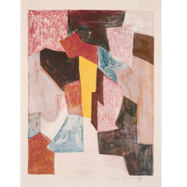 Serge Poliakoff.  "Composition rouge, carmin et jaune (1958)". Litografía 