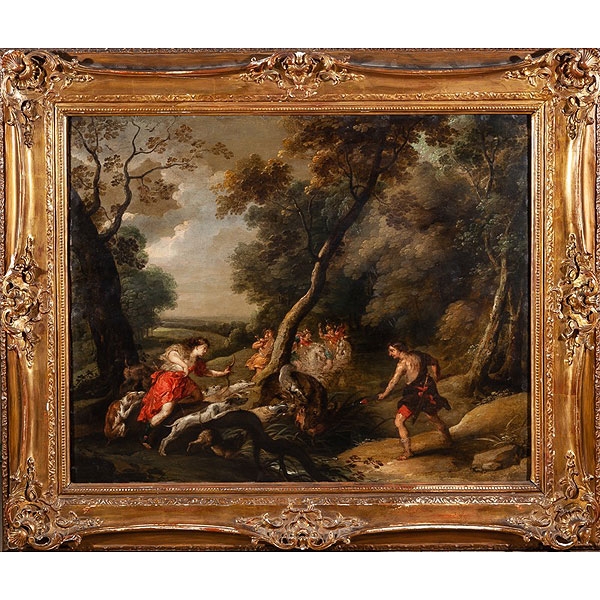 Escuela holandesa, S.XVII "Atalanta y Meleagro cazando el jabalí de Calidón"