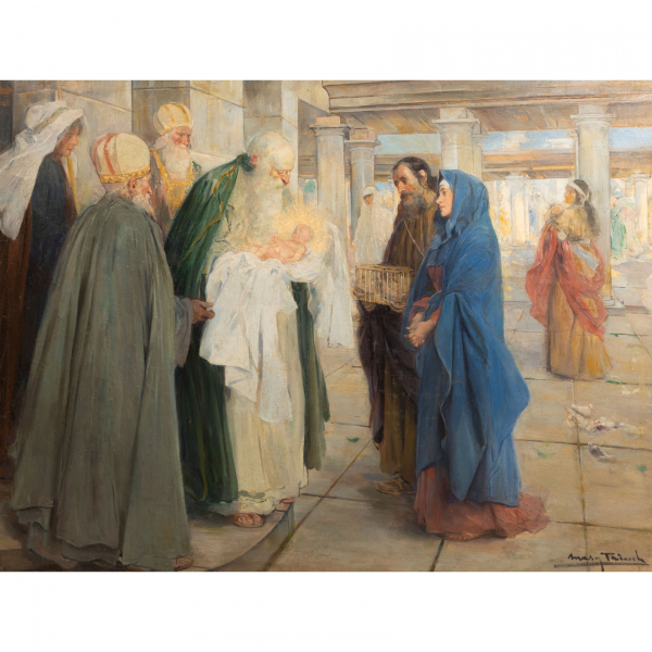 Arcadi Mas i Fondevila (Barcelona, 1852-Sitges, Barcelona, 1934)  La purificación de María.  Óleo sobre tela. Firmado.