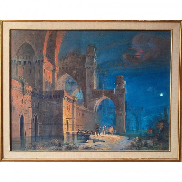 ATRIBUIDO A IPPOLITO CAFFI (Belluno, 1809 &ndash; Lissa, 1866) "Duello al chiaro di luna".   T&eacute;mpera sobre cart&oacute;n.