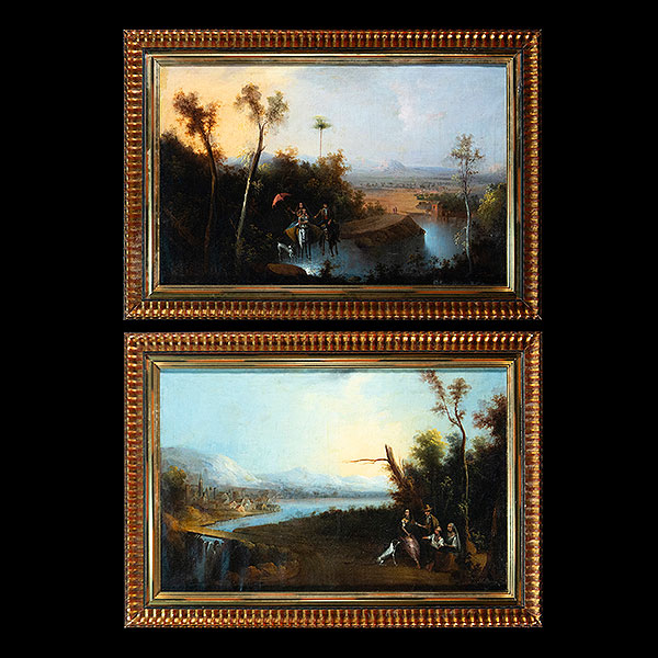 Manuel Barrón y Carrillo (Sevilla, 1814 – Sevilla, 1884) - Pareja de Paisajes campestres con familia a caballo.