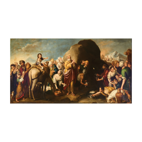 Escuela española, fles. del s.XVIII. Moisés golpeando la roca de Horeb. Óleo sobre tela. 