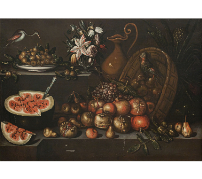 BLAS DE LEDESMA (Activo en Granada entre 1602 y 1617)  Pareja de bodegones con aves, frutas y flores, &oacute;leos sobre lienzo. 