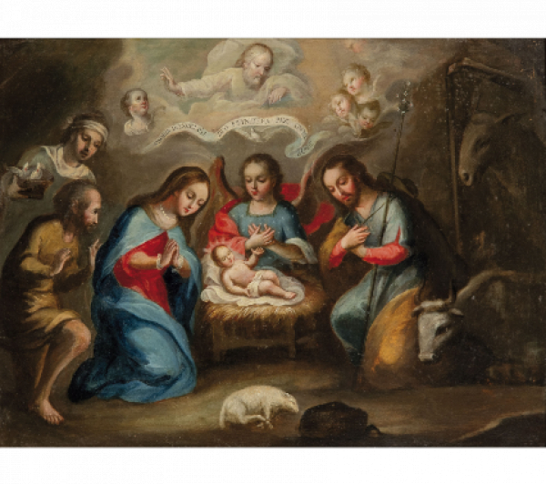 ATRIBUIDO A MIGUEL CABRERA (Oaxaca, 1695- Ciudad de México, 1768) Adoración de los Pastores con ángel y rompimiento de gloria.