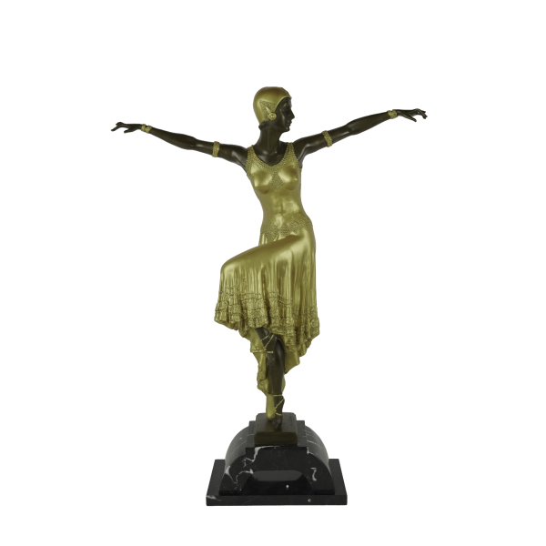 Después de Démetre H. Chiparus (Dorohoi, Rumanía, 1886-París, Francia, 1947).  Egyptian dancer.  Escultura en bronce patinado y dorado sobre peana en mármol negro veteado. Firmada.
