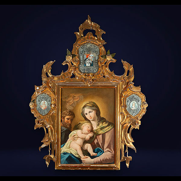 Escuela Española del siglo XVIII - La Sagrada Familia con importante Cornucopia de la época con miniaturas de Escuela Colonial.  