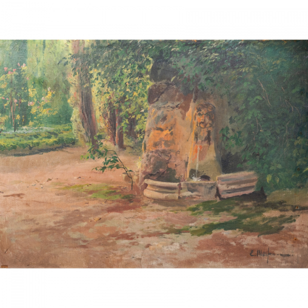 Eliseo Meifrén i Roig (Barcelona, 1859-1940)  Fuente del León.  Óleo sobre tela. Firmado.