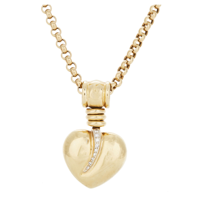 Cadena de eslabón mallorquín con colgante diseño corazón en oro y diamantes talla brillante 