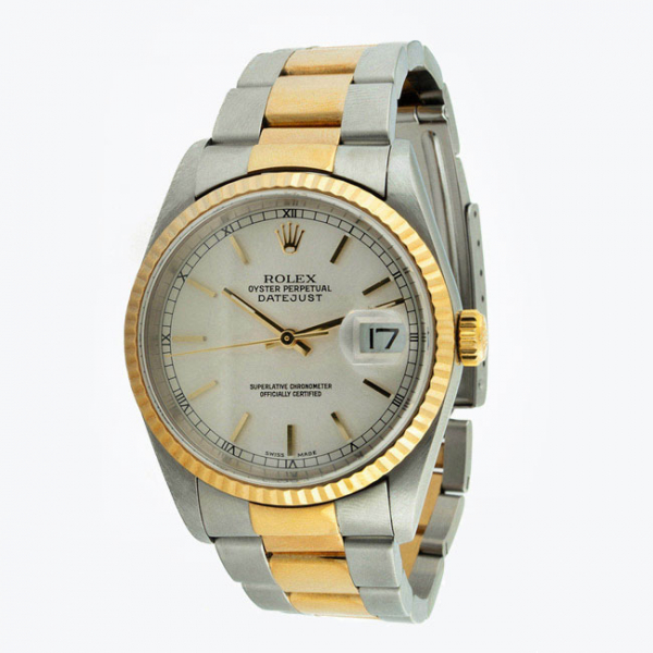 Reloj cronómetro suizo cab., ROLEX Oyster Perpetual DateJust, ref. 16233, en caja, 36 mm, y brazalete &#039;President&#039; de acero y oro original.